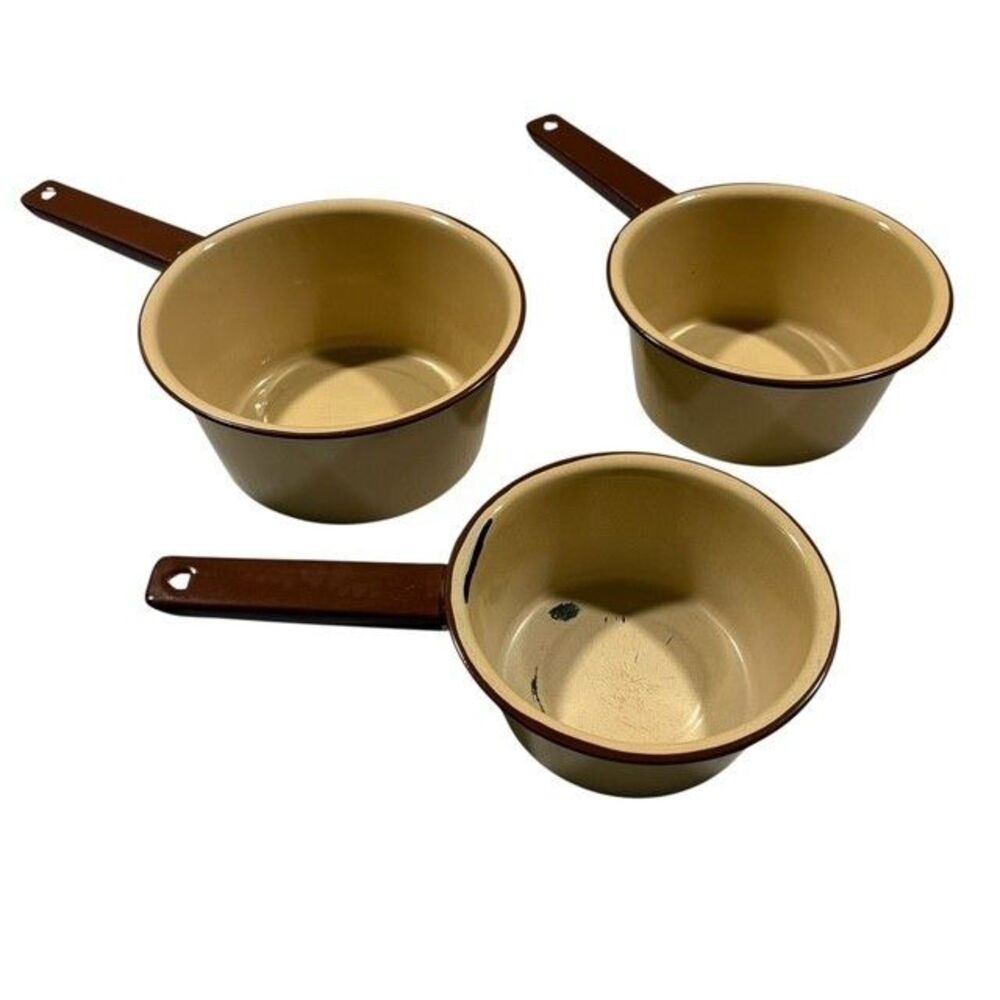 Set of 3 Vintage Enamel Ware Nesting Sauce Pans Beige with Brown Trim